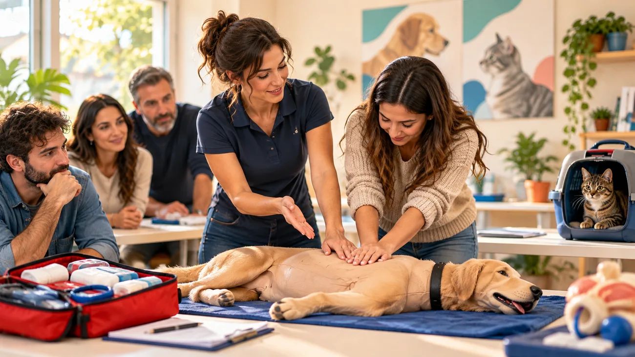 Simulazione didattica su un manichino veterinario durante una lezione di primo soccorso